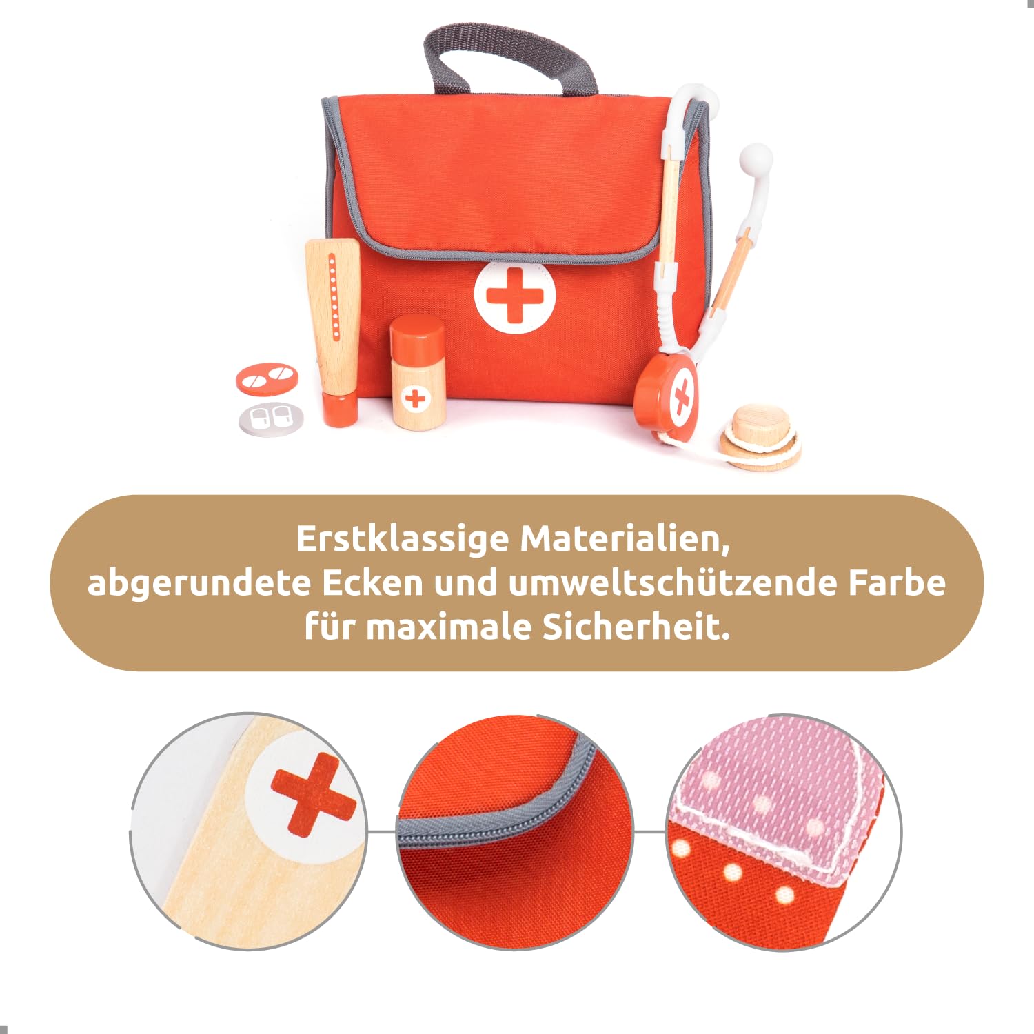 UMU® Mini Arztkoffer Kinder Spielset aus Holz - mit Stethoskop, Blutdruckmessgerät und mehr, Doktorkoffer Spielzeug zum Rollenspiel, 14-TLG. Medizinische Kit für Kinder ab 3, 4, 5 Jahre