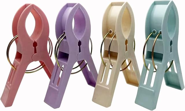 Beach Towel Clips 4PCS Large Towel Pegs for Sunbeds Sun Loungers Pool Chairs Laundry, Plastic Laundry Clip Clothes Towel Quilt Pegs, 4 Colours