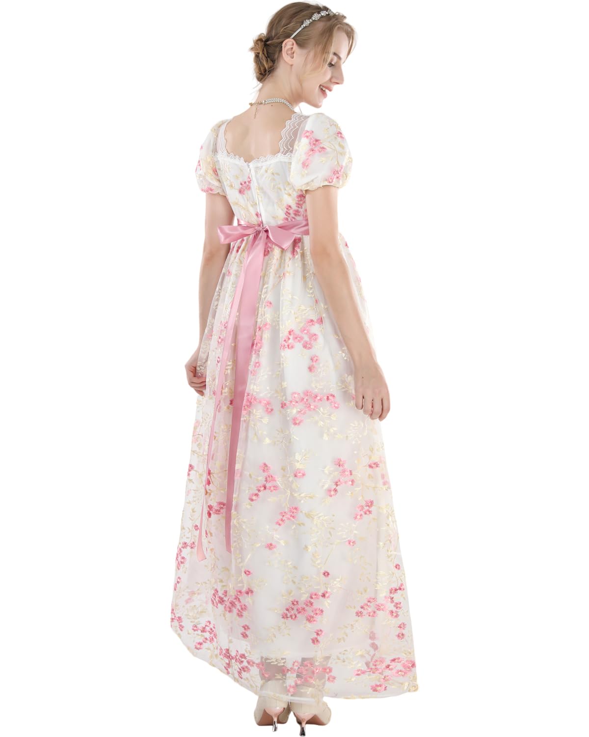 CR ROLECOS Regency Dresses for Women Victorian Dresses Long Dress Tea Party Gown Floral Pink Dress M - Image 2