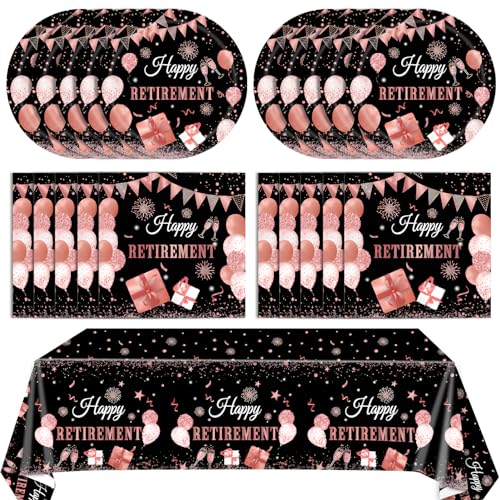41PCS Retirement Decorations for Women Black Rose Gold Themed Retirement Decor Paper Plates Napkins Tablecloth Set for Women's Say Goodbye Party Supplies