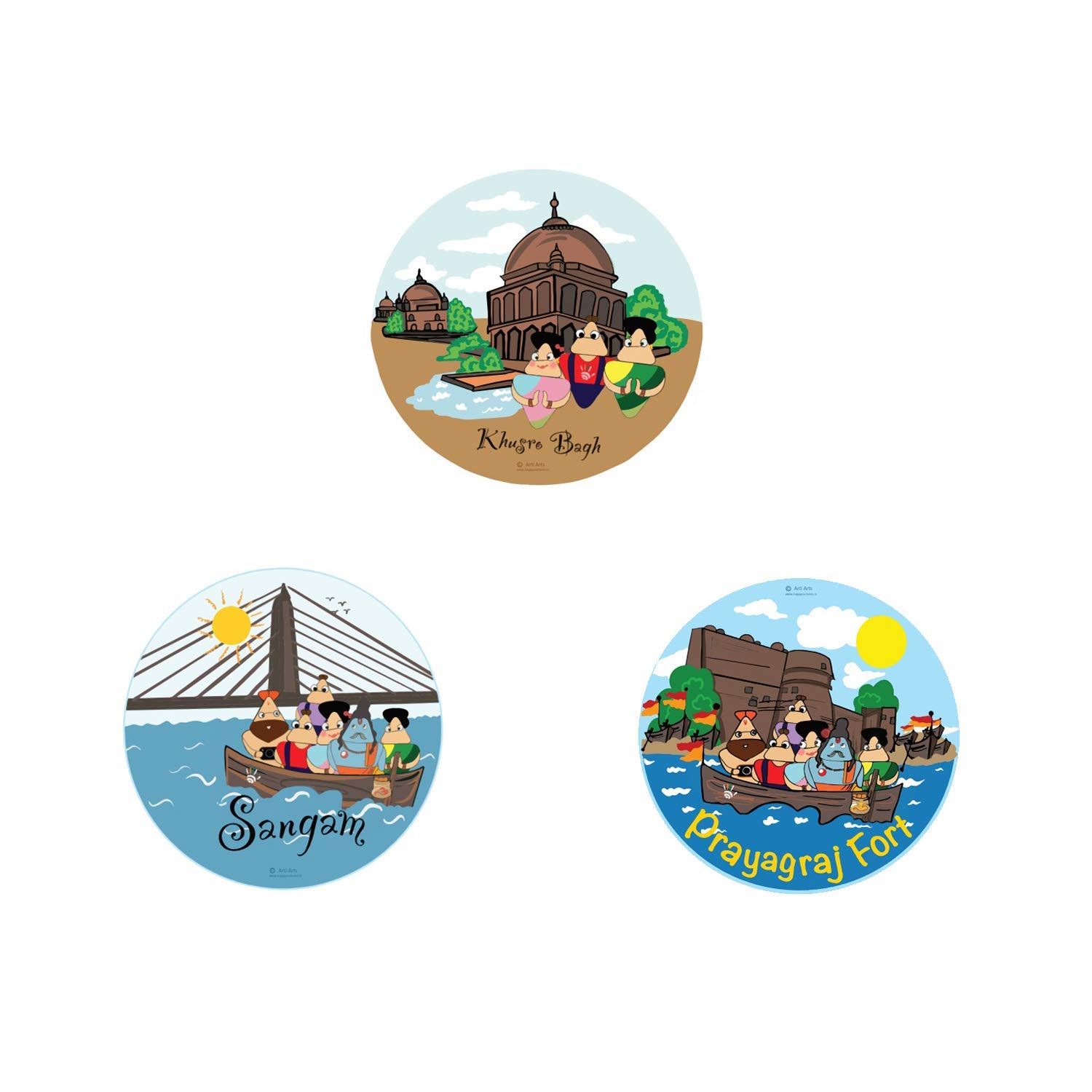Happy Cultures Handmade Badge Fridge Magnet - Combo Prayagraj Fort, Khusro Bagh, Sangam(7.5 cm x 7.5 cm x 0.3 cm, Multicolor, Pack of 3)