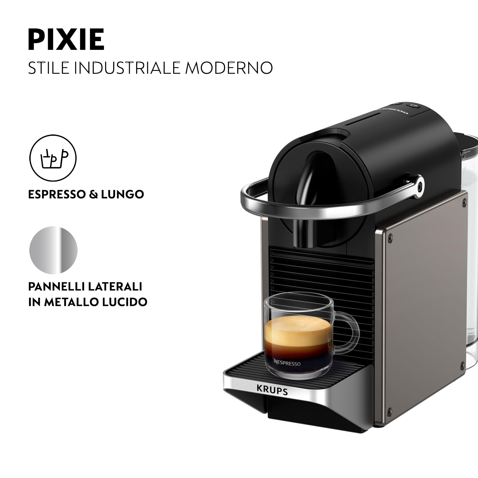 Krups XN306TK Nespresso Pixie Titan, Macchina per caffè Espresso, Ricette Programmabili, 2 Lunghezze, Spegnimento Automatico, 1260 W, 0.7 Litri