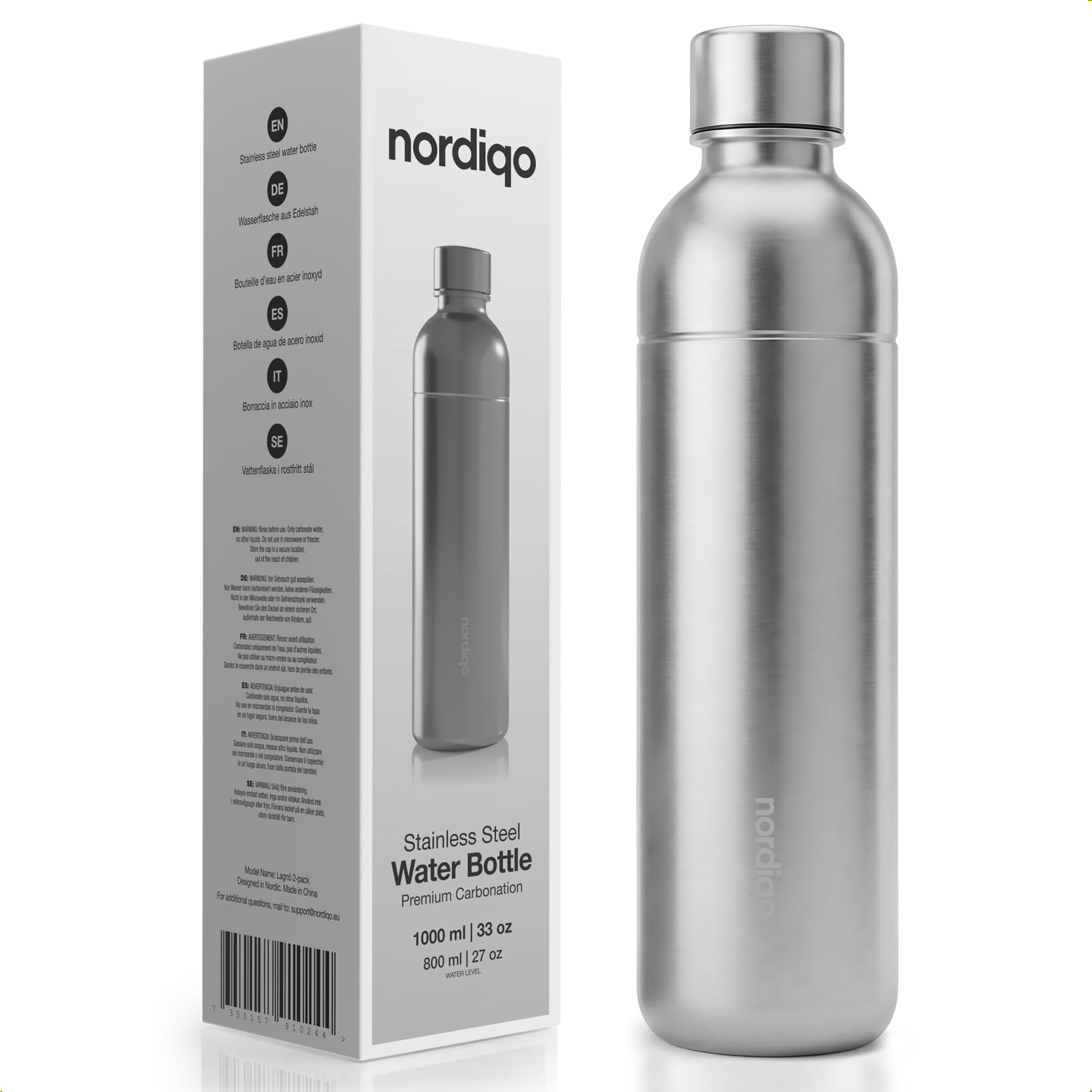 Bottiglia Inox 1L | Compatibile con Aarke Carbonator 3, SodaStream Duo & Bottiglie Plastica | Non per Crystal & Jet | Senza scadenza | Senza plastica