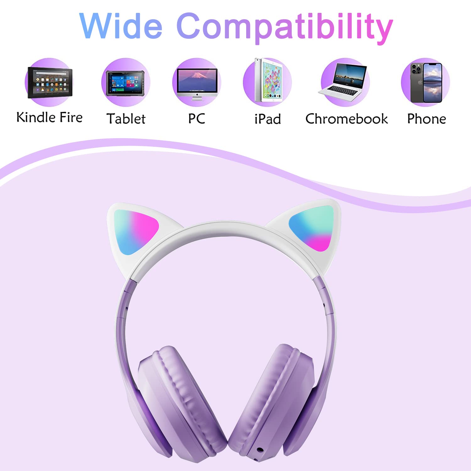 Auriculares inalámbricos Bluetooth con micrófono para niños, adolescentes y adultos (Pro-Morado) | Auriculares con orejas de gato para niñas, adolescentes y adultos