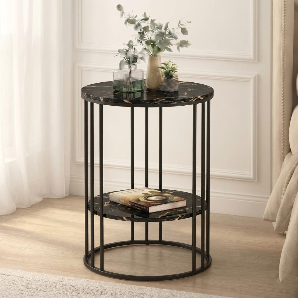 cartaden end tables 40x54 cm marble design bedside table with metal legs modern nightstand 2 tier round sofa side coffee table for bedroom living room furniture full black