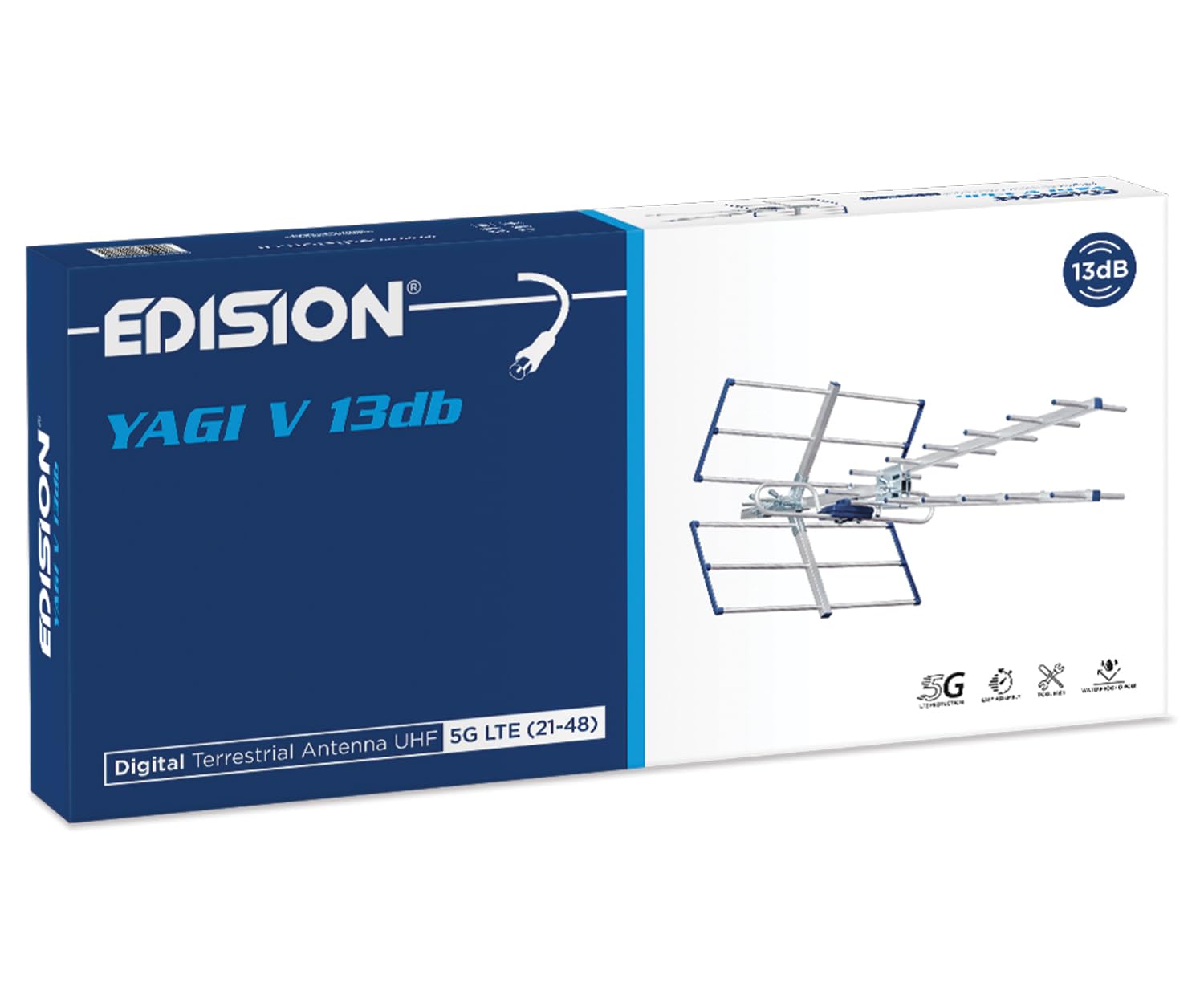 EDISION YAGI V 13db Antenna TV Digitale Terrestre UHF 21-48 esterno, con filtro 5G LTE, per Ricezione il segnale Digitale Terrestre DVB-T/T2, Frequenze 470-694Mhz, Lunghezza 87cm, LTE700, Blu