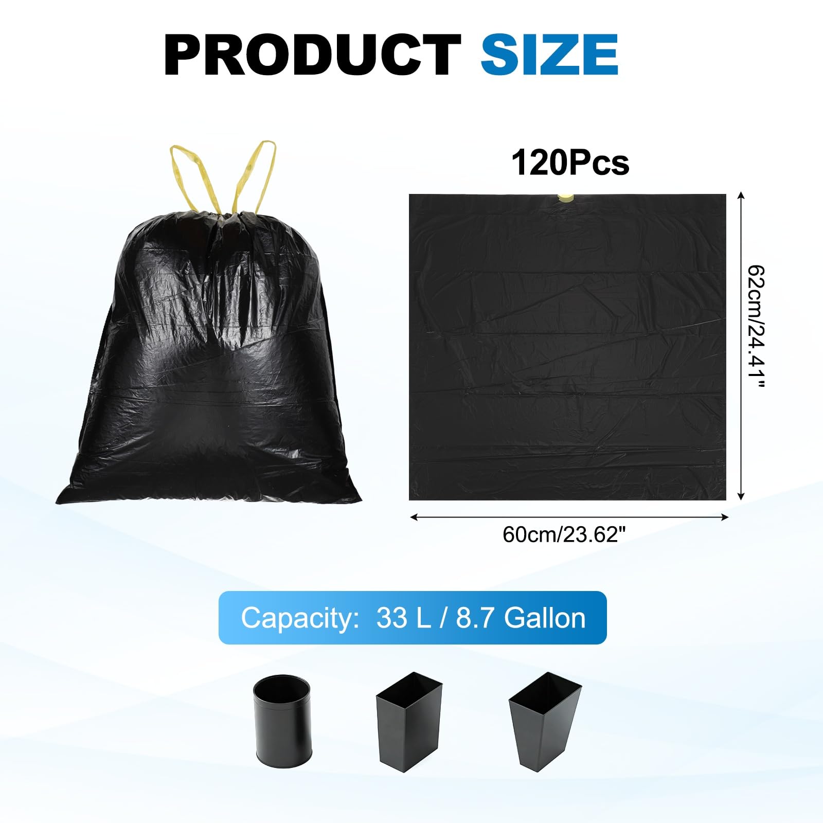 QUARKZMAN 120 Bolsas De Basura Con Cierre De Cordón, 8.7 Galones 24", Bolsas Para Cubo De Basura Sin Aroma Para Hogar Oficina Cocina Sala Dormitorio Coche, Negro