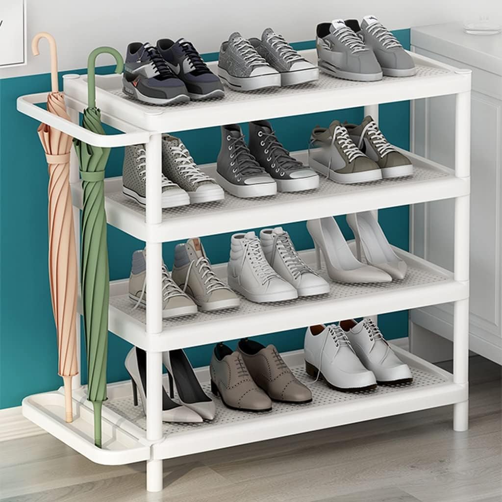 Amazon Brand – Umi 4 Tier Plastic Shoe Rack for home Chappal Slipper Sneakers Stand with Umbrella Holder Space Saving Multi-Functional Storage Shoe Organiser for Living Room Home & Office - White