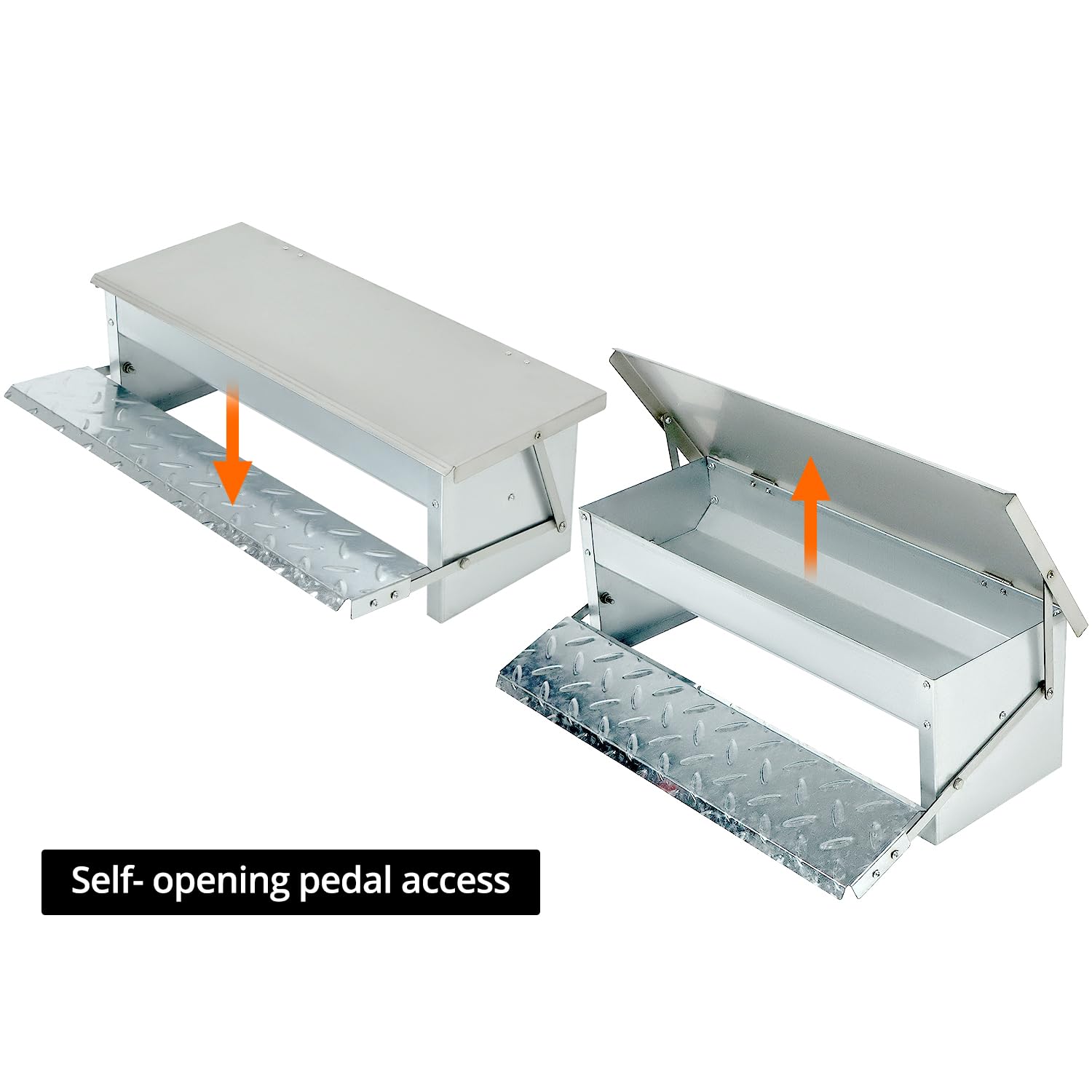 QWORK® Mangiatoia Automatica per polli - capacità 5 kg - Design Inclinato Interno - Coperchio in Acciaio Inossidabile e Pedale Antiscivolo (56x18x18 cm)