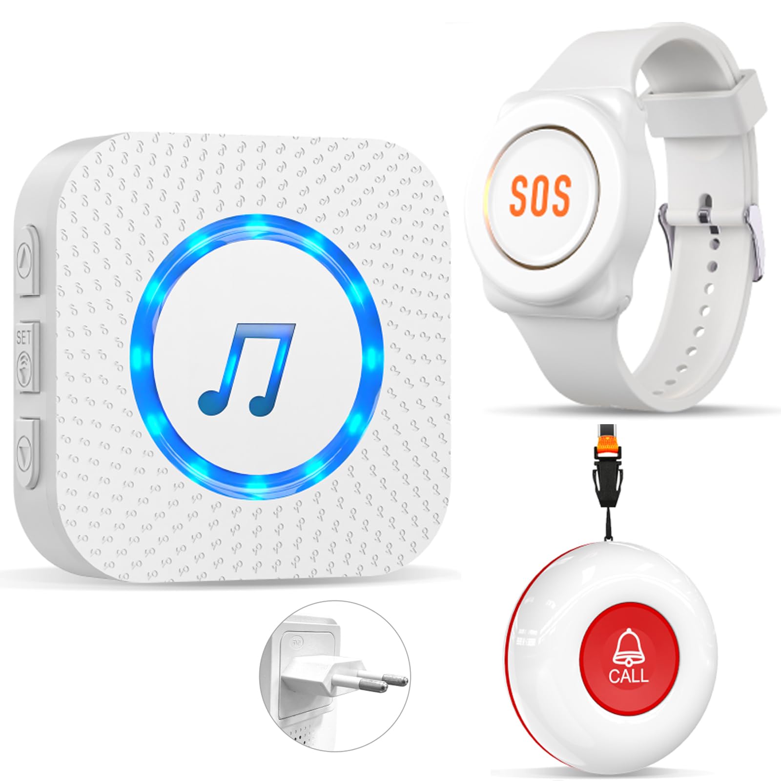 ChunHee Emergency Call Button for Seniors Emergency Call Bracelet for Seniors Wireless Alarm Transmitter and Receiver SOS Alarm Wireless for Men in Need of Care (1 x Receiver + 1 x Watch + 1 x Button)