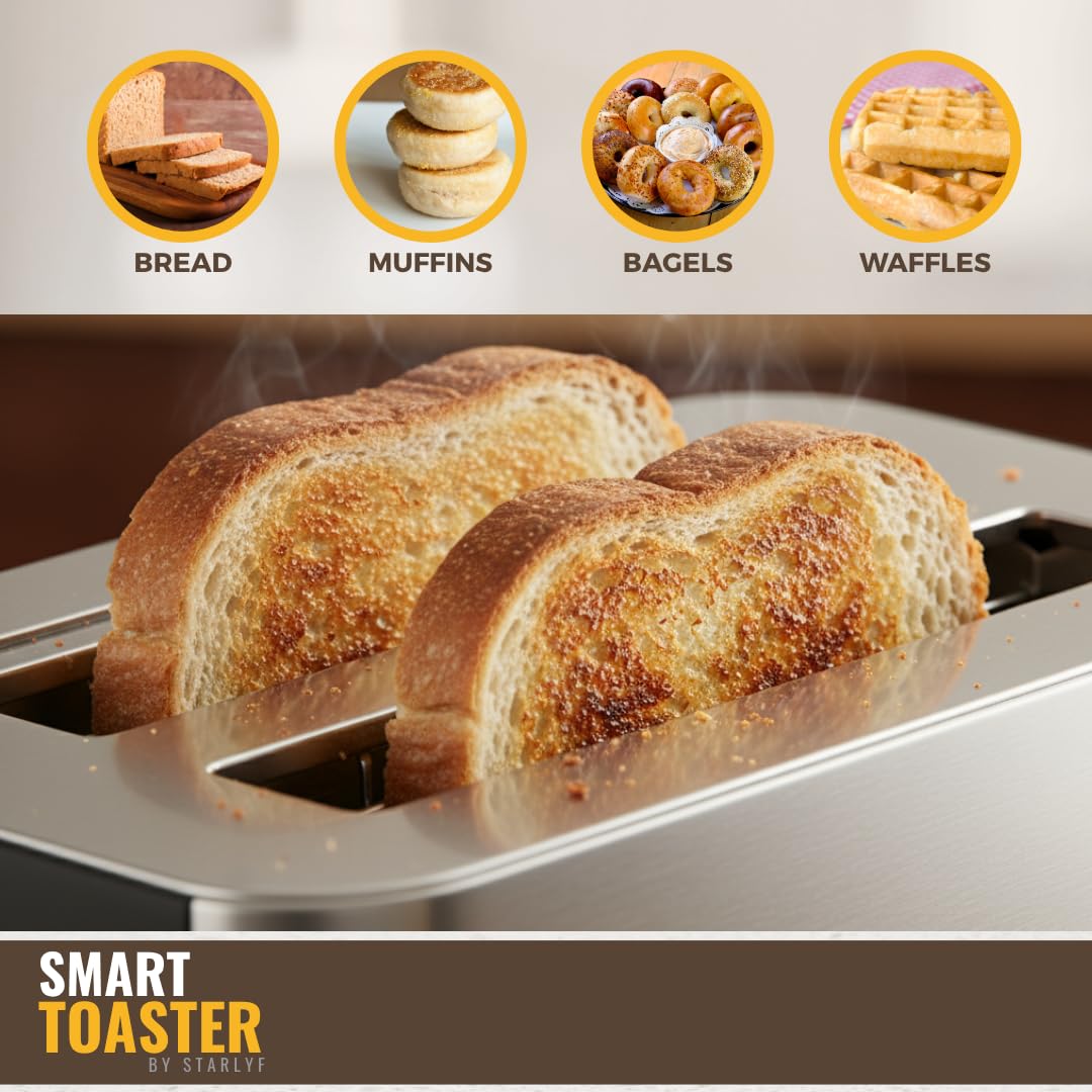 STARLYF Smart Toaster, Tostadora 2 Rebanadas con Pantalla Táctil LED, Ranuras Extra Anchas, 6 Niveles, Funciones Recalentar/Descongelar/Parada, Acero Inoxidable