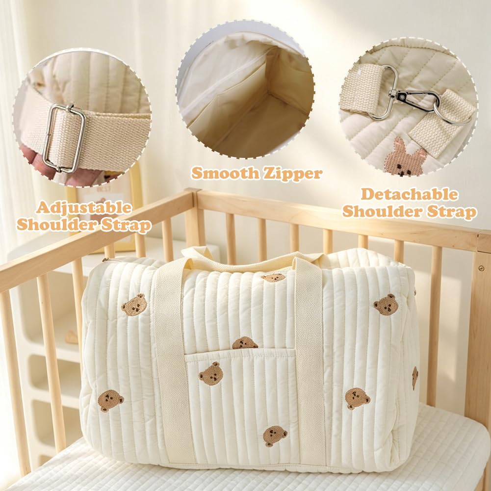 Lot de 2 sacs à langer - En coton avec broderie et motif ours en peluche - Sac de voyage avec bandoulière et fermeture éclair - Pour naissance à l'hôpital, voyage, poussette