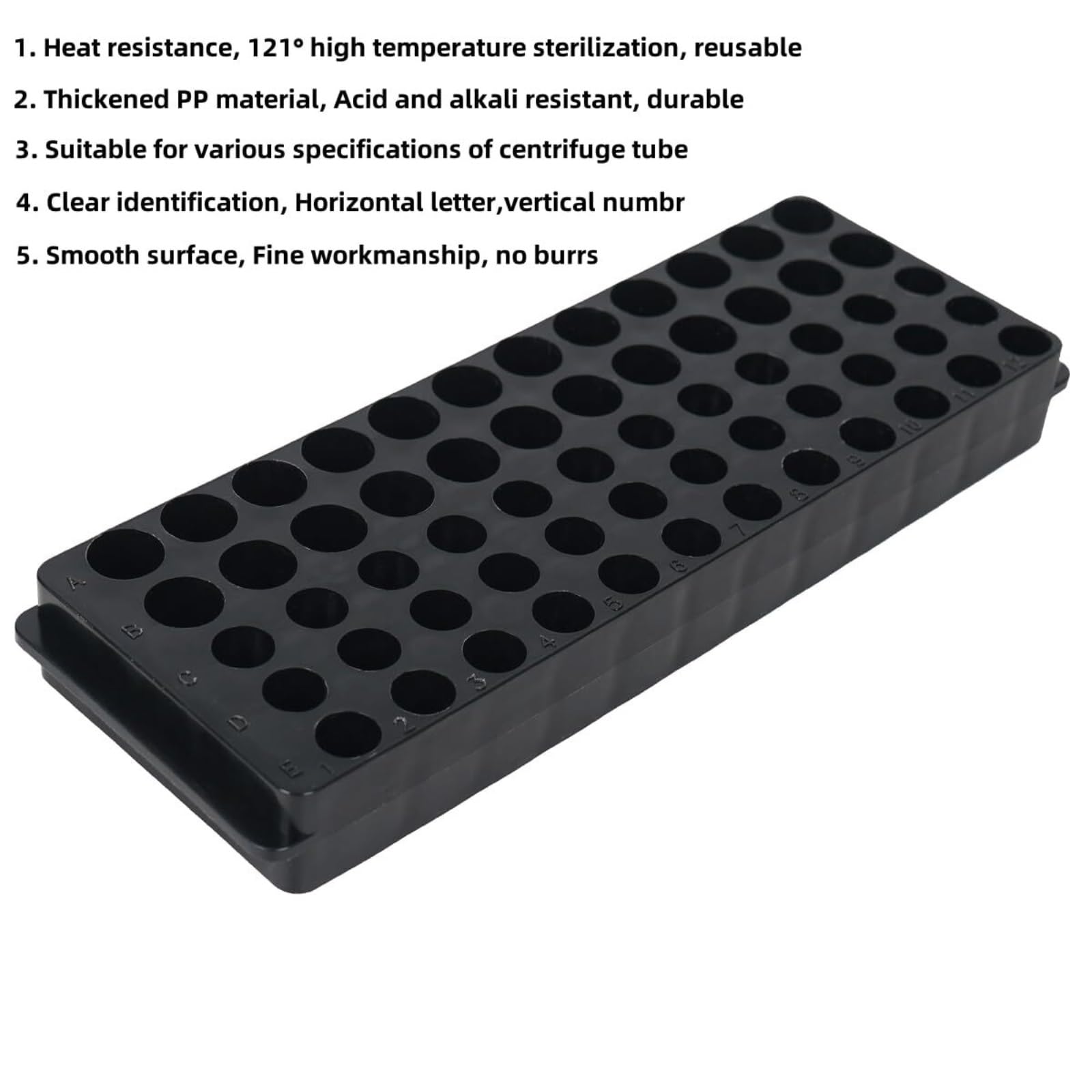 Estante de tubo de prueba de acrílico, Gradilla for tubos de ensayo doble cara, 21 x 7,2, cm, polipropileno negro, paquete