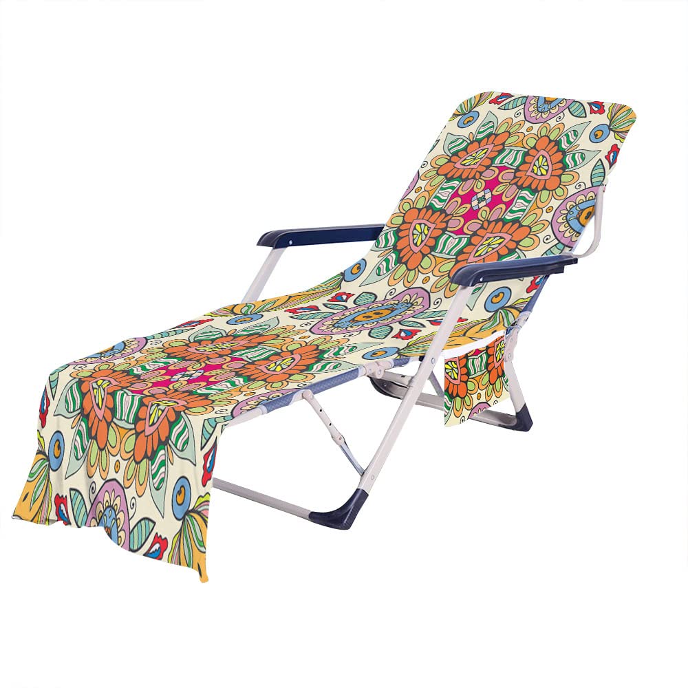 RRrawgff Beach Chair Cover Towel, Colourful Bohemian Exotics Print Beach Towel Lounger Bags with Pockets, Microfiber Sunbed Sun Lounger Towels for Summer Outdoor Garden Pool (73x210cm,G)