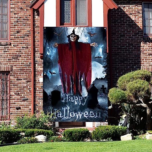 Crenics Decorações de Halloween, pano de fundo gigante feliz de Halloween 1,8 x 3,5 m, faixa assusta