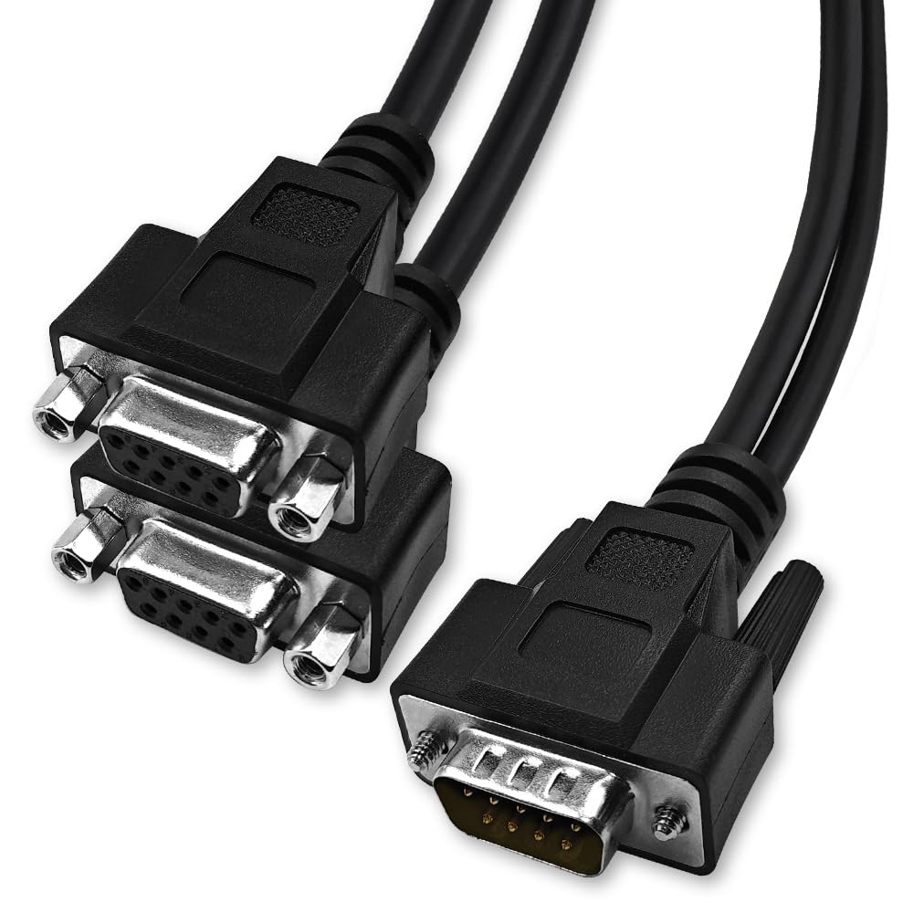 XANHAM DB9 Y Splitter 1.5 Feet 1 Male to 2 Female 9 Pin Straight Through RS232 Serial Cable Splitter, Double Shielded(Metal Braiding&AL-foil), Black,