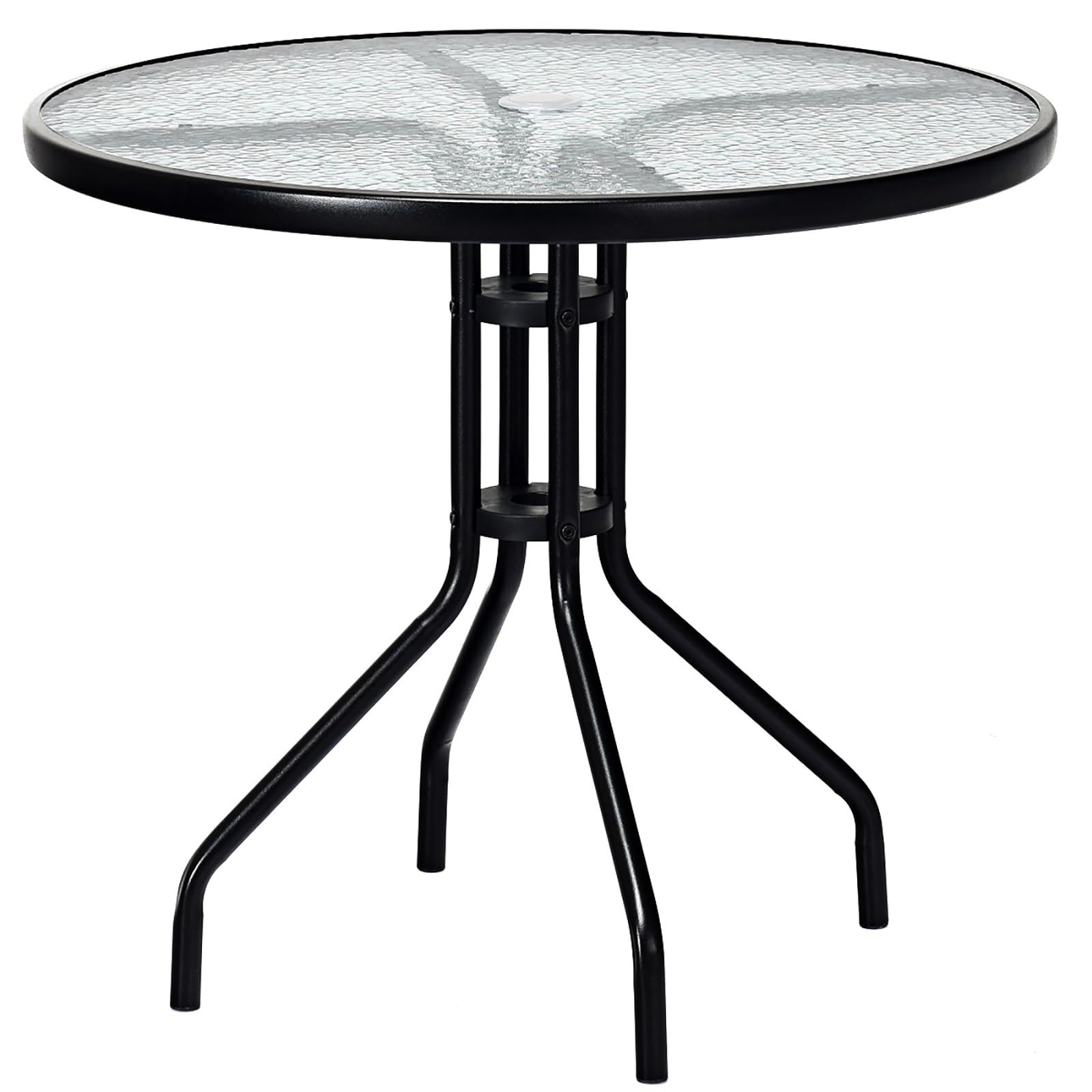 KOMFOTTEU Tavolo da Giardino Rotondo con Foro per Ombrellone, Tavolo da Pranzo con Piano in Vetro e Telaio in Metallo, 70 x 70 x 71 cm, Tavolino da Esterno Classico per Cortile, Terrazza, Balcone