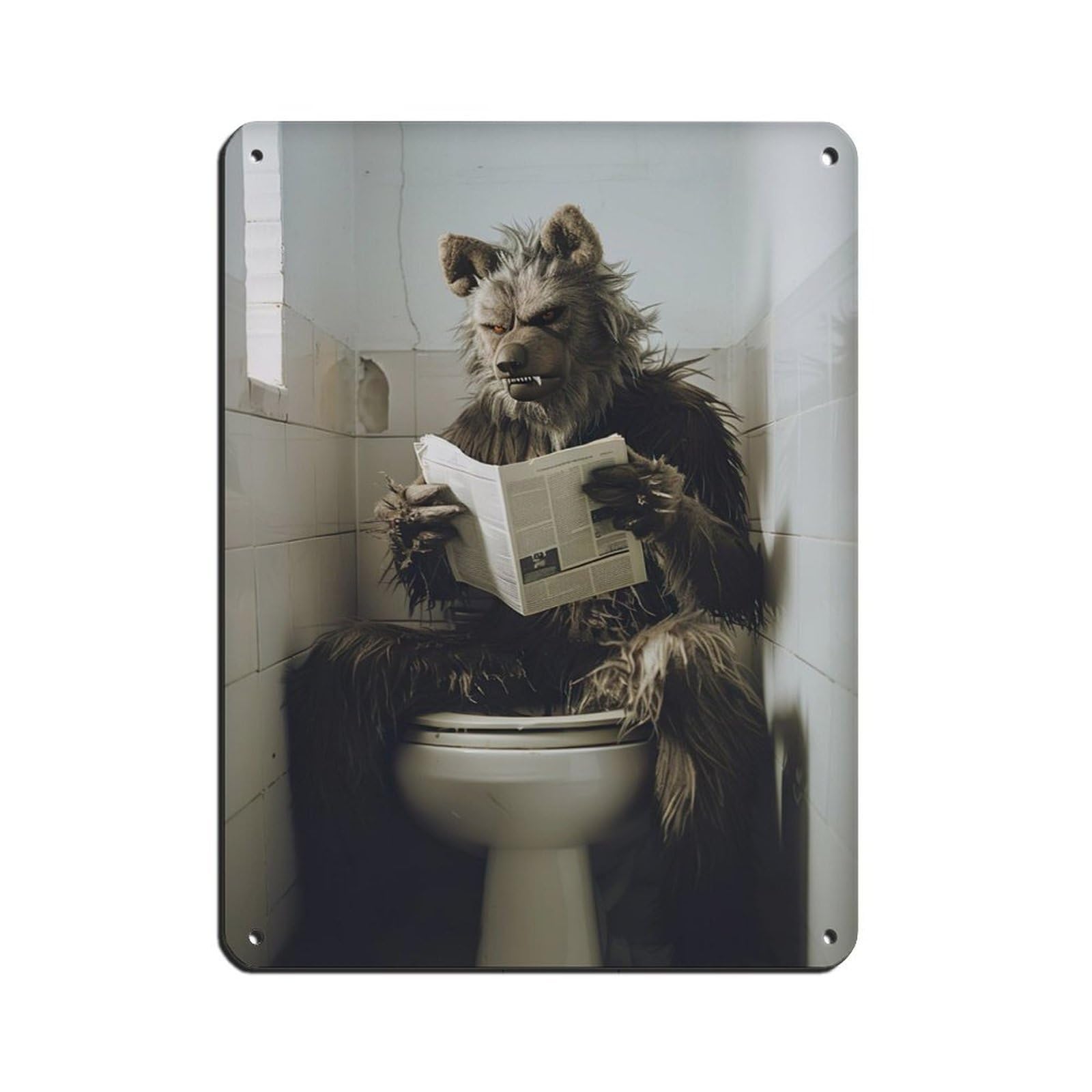 Werewolf Sitting on The Toilet Reading A Newspaper (6) Tin Sign Vintage Metal Pub Club Cafe Bar Home Wall Art Decoration Poster Retro 12x16inch(30x40cm)