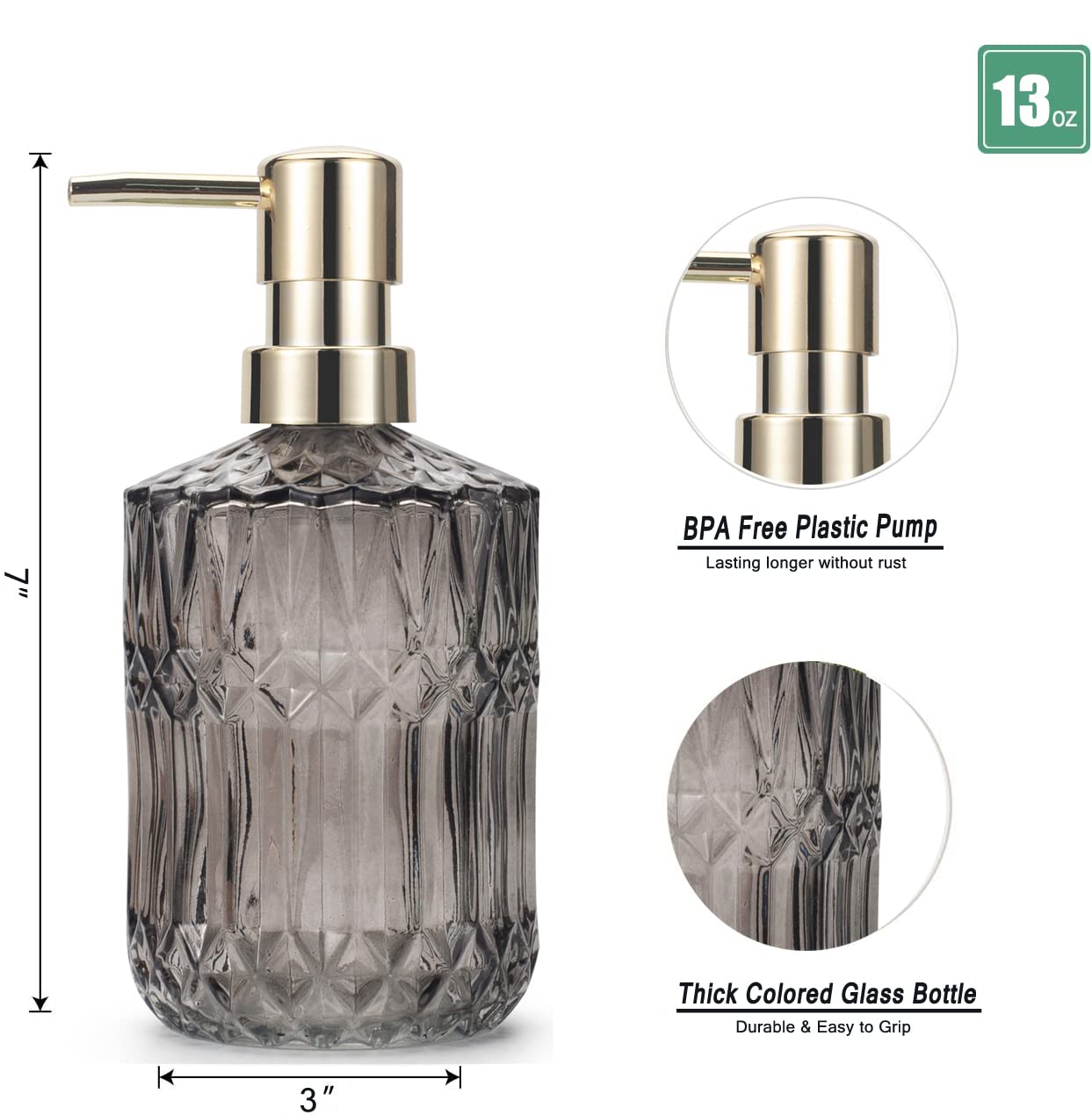 IVAILEX Glass Soap Dispenser 12oz/390ml for Bathroom Kitchen - Hand Soap/Lotion Dispenser With ABS Plastic Pump, Clear Grey
