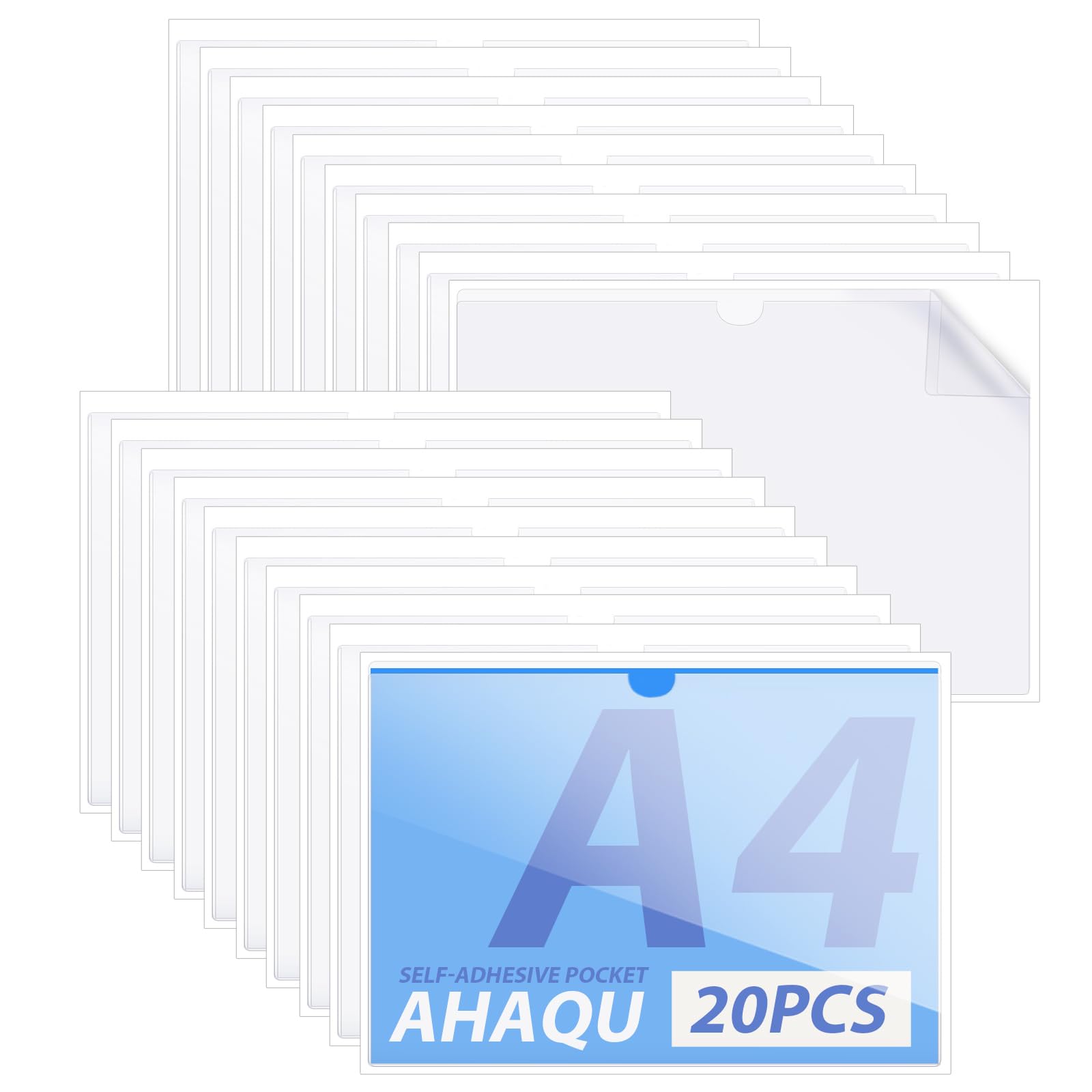 AHAQU 20PCS A4 Self-Adhesive Pocket, Transparent Plastic Filing Holder Permit Holders, Sticky Document Enclosed Wallet Sleeves Label Holders for Home, Office, School and Travel- Horizontal