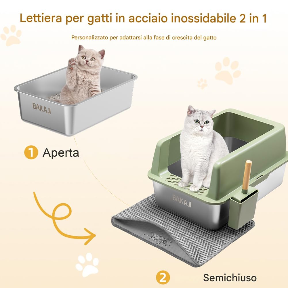 BAKAJI XXL offene Katzentoilette mit Stahlbasis mit sandabweisendem Rand, Schaufel und Behälter, schmutzabweisende Matte, rutschfeste Unterseite, Fassungsvermögen 35 l, 60 x 40 x 30 cm