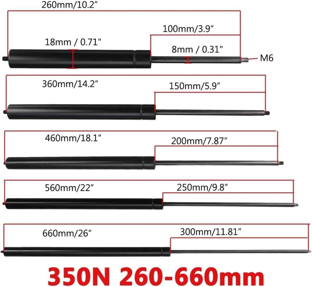 Podnośnik maski silnika 260 – 660 mm, 350 N, 8 mm, sprężyna gazowa, wspornik maski silnika, amortyzator, do samochodów kempingowych, autobusów, przyczep kempingowych