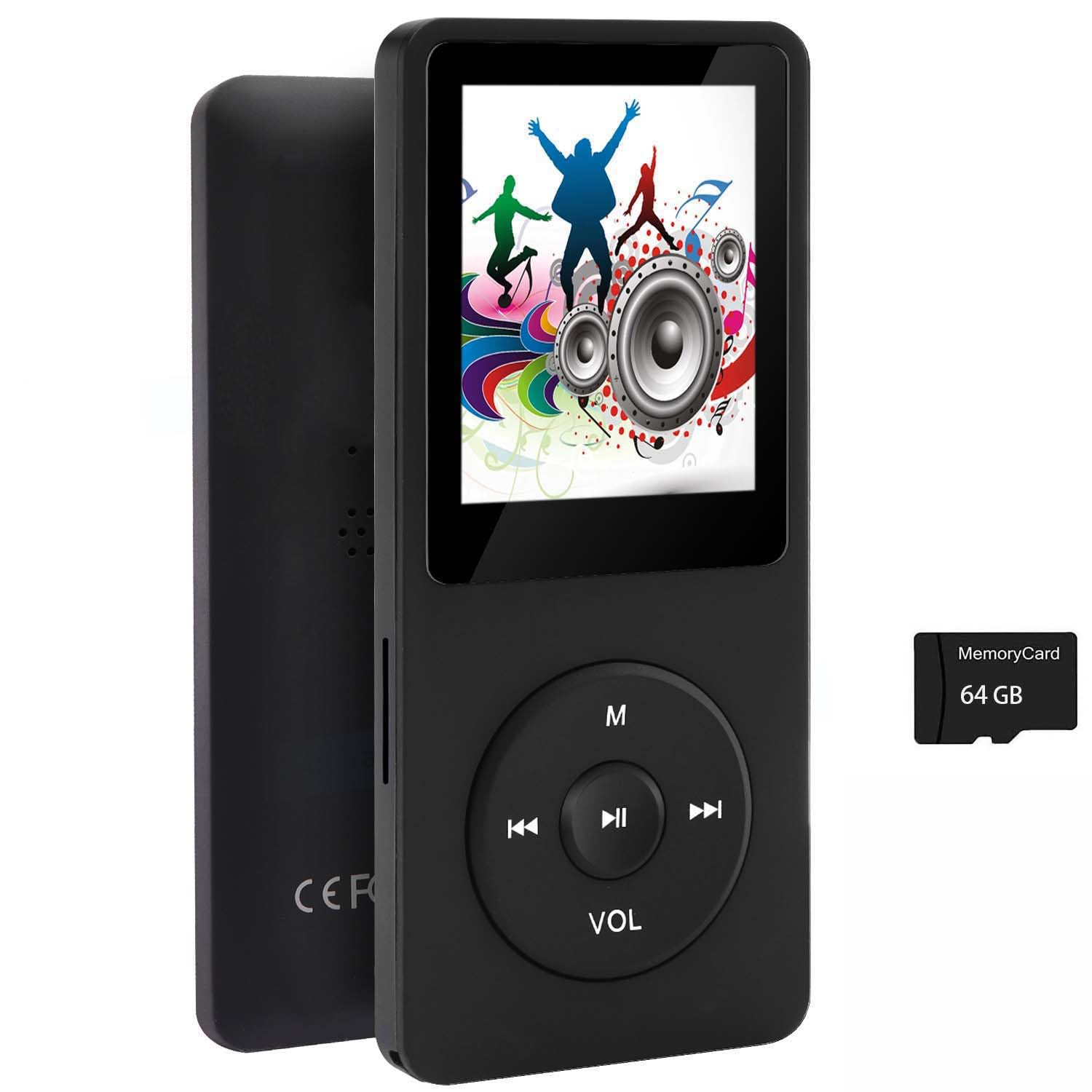 64GB MP3 Player with Speaker Earphones Portable Music Player for Kids Support Voice Recording Picture Video E-Book, Black