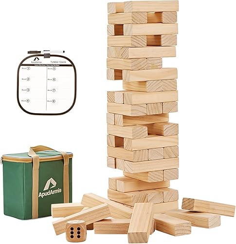 ApudArmis Juego de 54 piezas de madera para secadora apila a 3 pies juego de torre de madera de pino con dados y marcador Juego de mesa clásico de