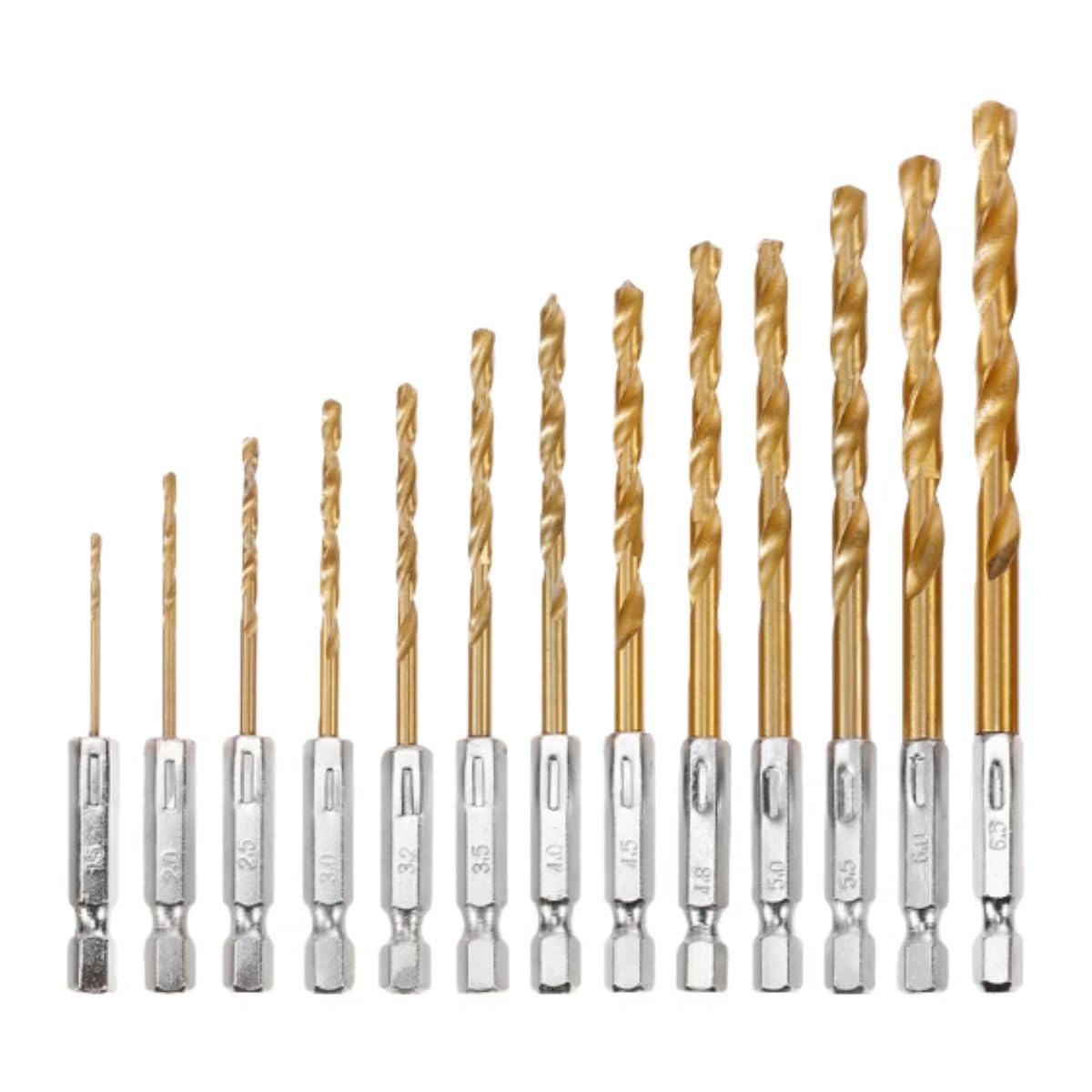 13pcs Titanium Coated Hex Shank Twist Drill Bit Set for Wood & Plastic
