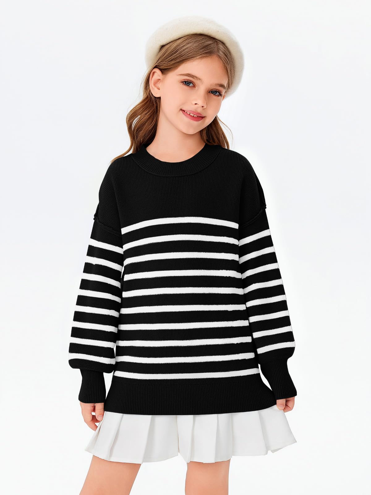Haloumoning Suéter de gran tamaño a rayas para niñas otoño invierno moda manga murciélago cuello redondo acanalado ranura lateral suéter de punto