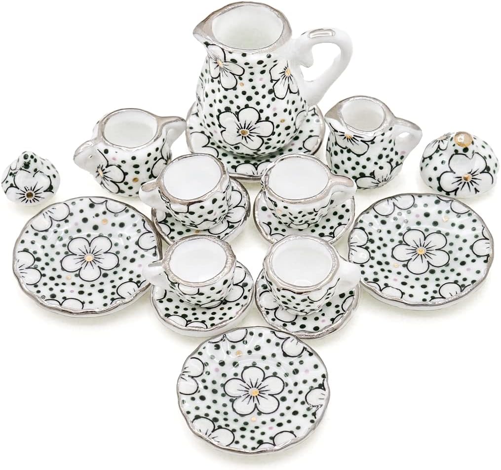 1/12 Miniature Porcelain Tea Set 15Pcs Dollhouse Decoration Accessories, Plum Blossom