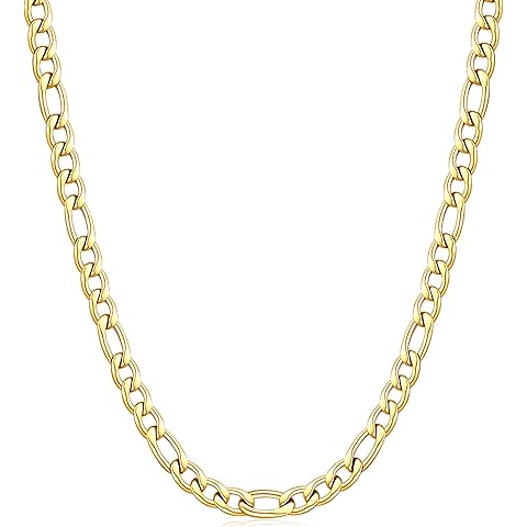 Fiusem Figaro Chains for Men,14k Gold plated Mens Chain Necklaces, 3.5mm/5mm/6mm/8mm/9.5mm Stainless Steel Men Necklaces
