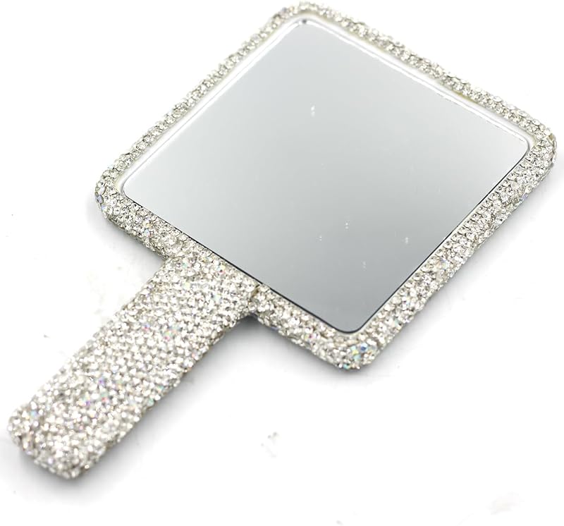 Espelho de mão com strass Bestbling quadrado prateado