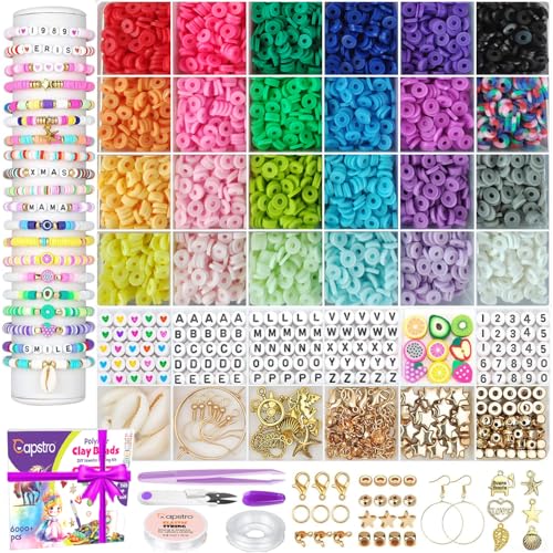 Capstro 6000+ PCS Clay Beads Bracelet Making Kit DIY Jewelry Kit with Charms Alphabet Letters & Elastic String 24 Colors Heishi Beads for Bracelet Making Necklaces Earrings & Gift for Girls