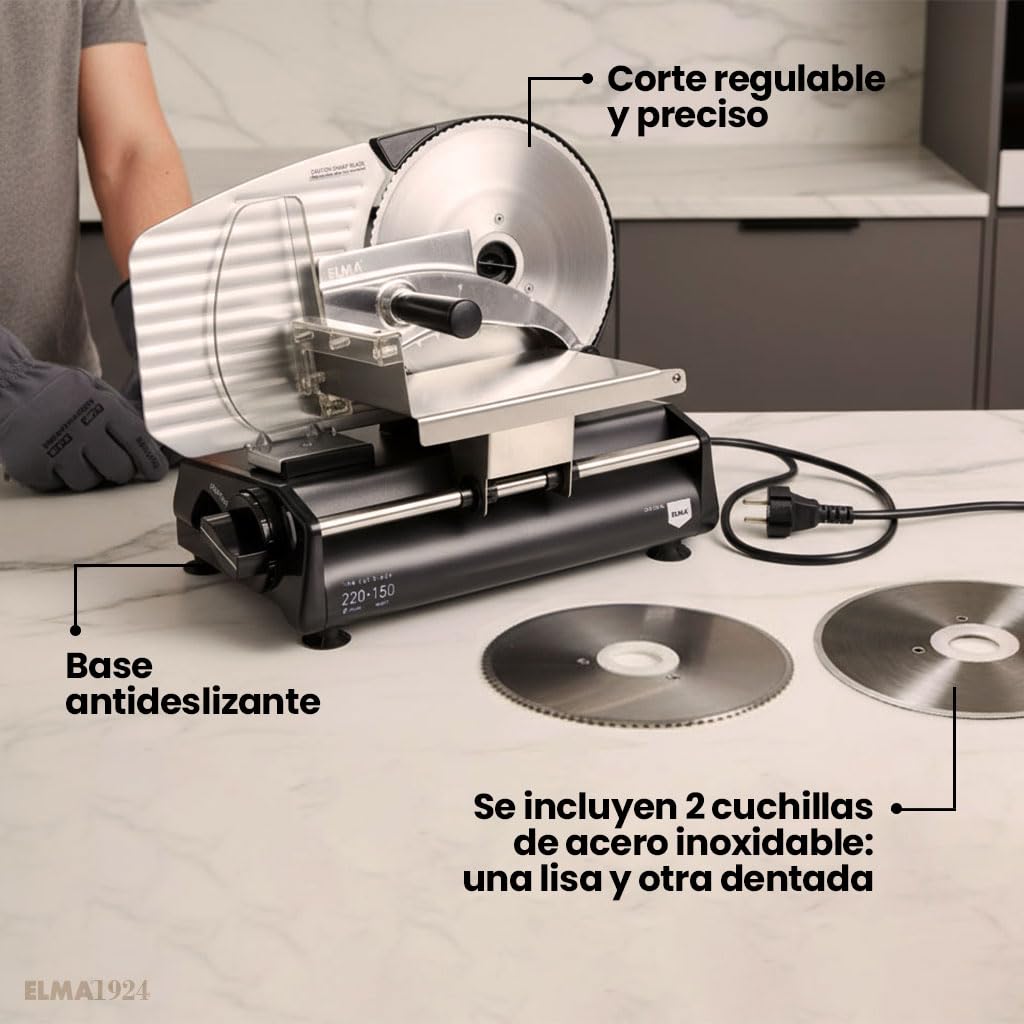 ELMA Cortafiambres Eléctrico CFD220 XL con Dos Cuchillas de Acero Inoxidable Ø220 mm | Cortadora de Fiambre Doméstica Ajustable 0-15 mm, Potente, Segura y Fácil de Limpiar