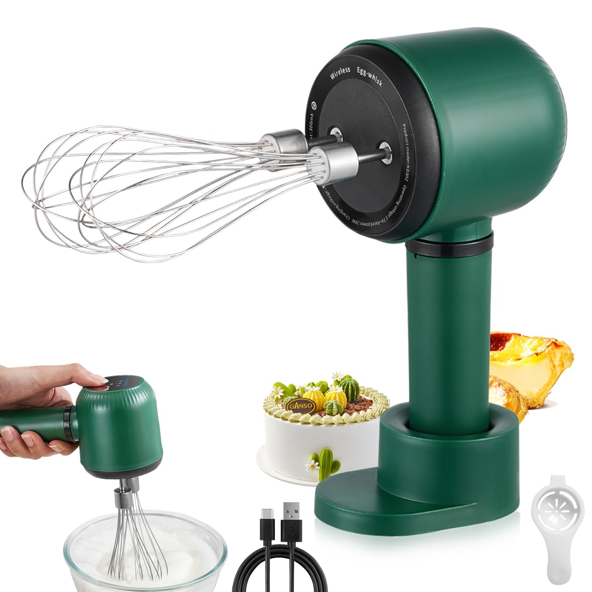 LULUWA Batteur Électrique Sans Fil Portable 3 Vitesses - Fouet Rechargeable Pour Œufs Crème Milkshake Blanc