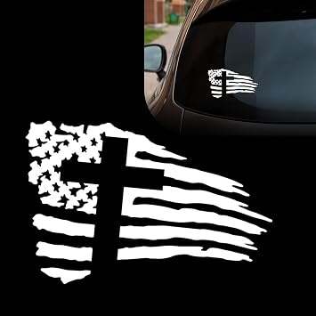 American Flag Cross Sticker, Waterproof Christian Vinyl Cross Decal, Car Exterior Decorative Sticker with Distressed Tattered Design, Universal for Cars, Trucks and Refrigerators White