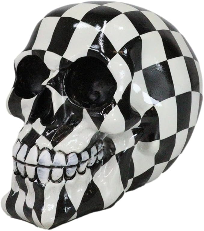 Ebros Gift Day of The Dead Harlequin Black and White Squares Checkered Skull Statue As Decorative Carnival Circus Sugar Skull Halloween Prop Gothic Haunted Themed Figurine
