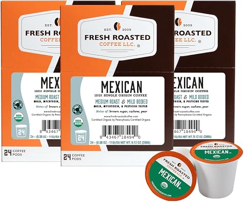 Fresh Roasted Coffee, Organic Mexican K-Cup Pods for Keurig Brewers, Medium Roast, USDA Organic, 3rd Party Tested for Mold, Mycotoxin & Pesticides, Kosher, 24 Count (Pack of 3)
