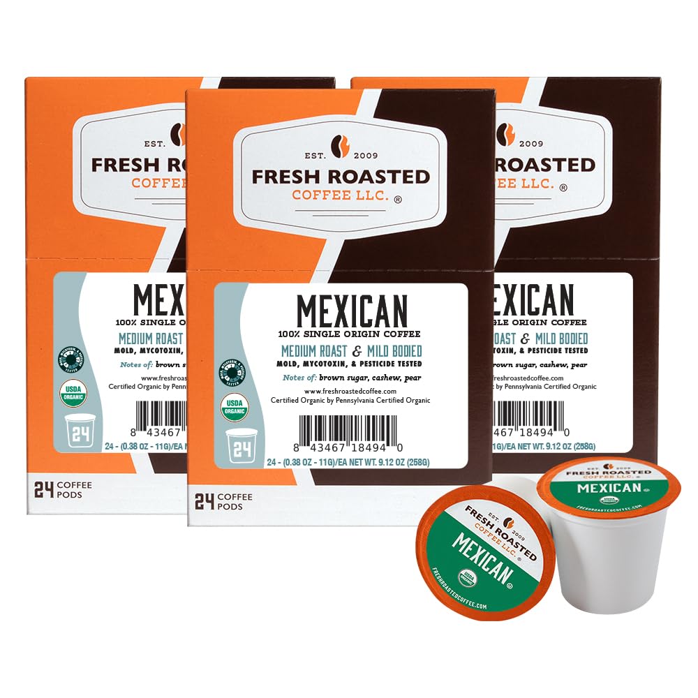 Fresh Roasted Coffee, Organic Mexican K-Cup Pods for Keurig Brewers, Medium Roast, USDA Organic, 3rd Party Tested for Mold, Mycotoxin & Pesticides,