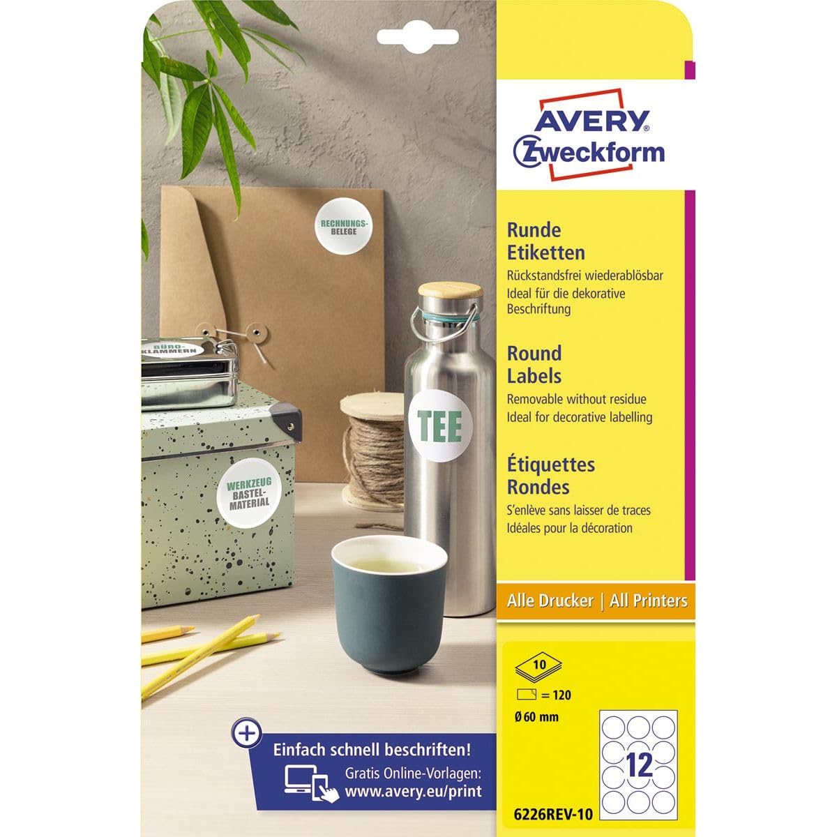 Avery Zweckform 6226REV-​10 Étiquettes rondes (120 pastilles adhésives, Ø 60 mm sur A4, autocollants ronds à imprimer, amovibles/​détachables sans laisser de traces) 10 feuilles, blanc