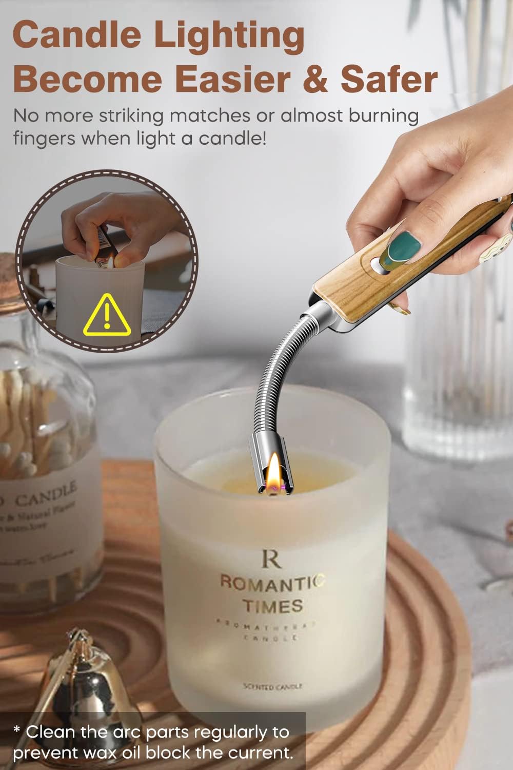 Candle Lighter, Electric Arc Lighter USB Rechargeable 360° Flexible Neck Windproof Lighter Long for Household Camping Cooking BBQ (Wood Grain)