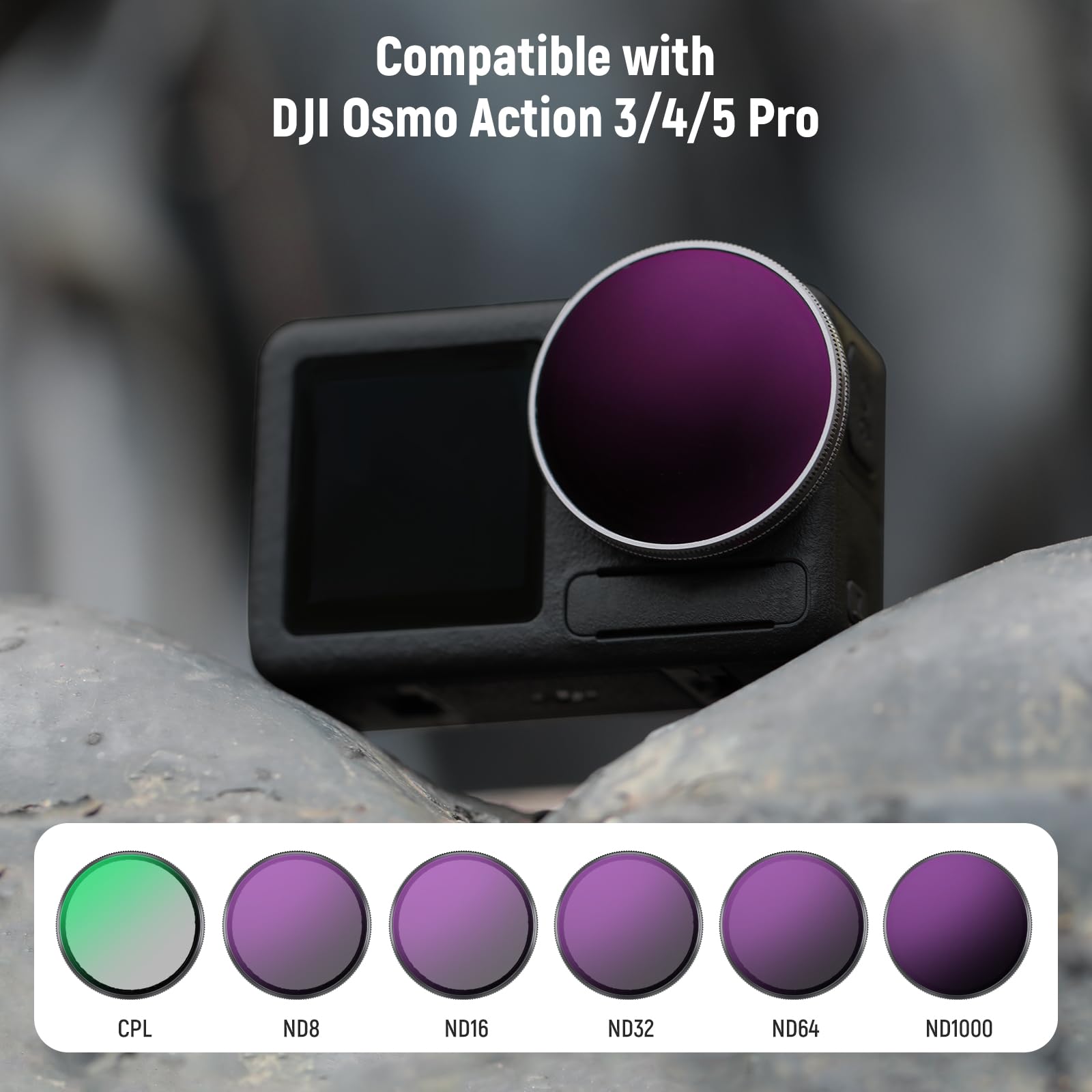 NEEWER Zestaw filtrów ND kompatybilny z DJI Osmo Action 3/4/5 Pro, 6 sztuk, ND8+ND16+ND32+ND64+ND1000+CPL, akcesoria do kamery sportowej, filtr neutralnej gęstości, wielowarstwowe szkło optyczne HD,
