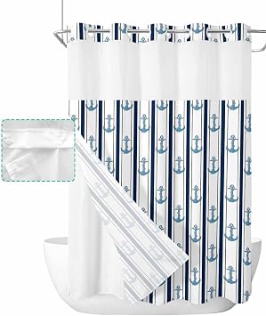 Nautical Blue No Hook Shower Curtain with Snap in Liner Waterproof Fabric Shower Curtain Set for Bathroom Modern Anchor Geometric Navy Blue White Stripe Shower Curtain with See Through Top 72"x96"