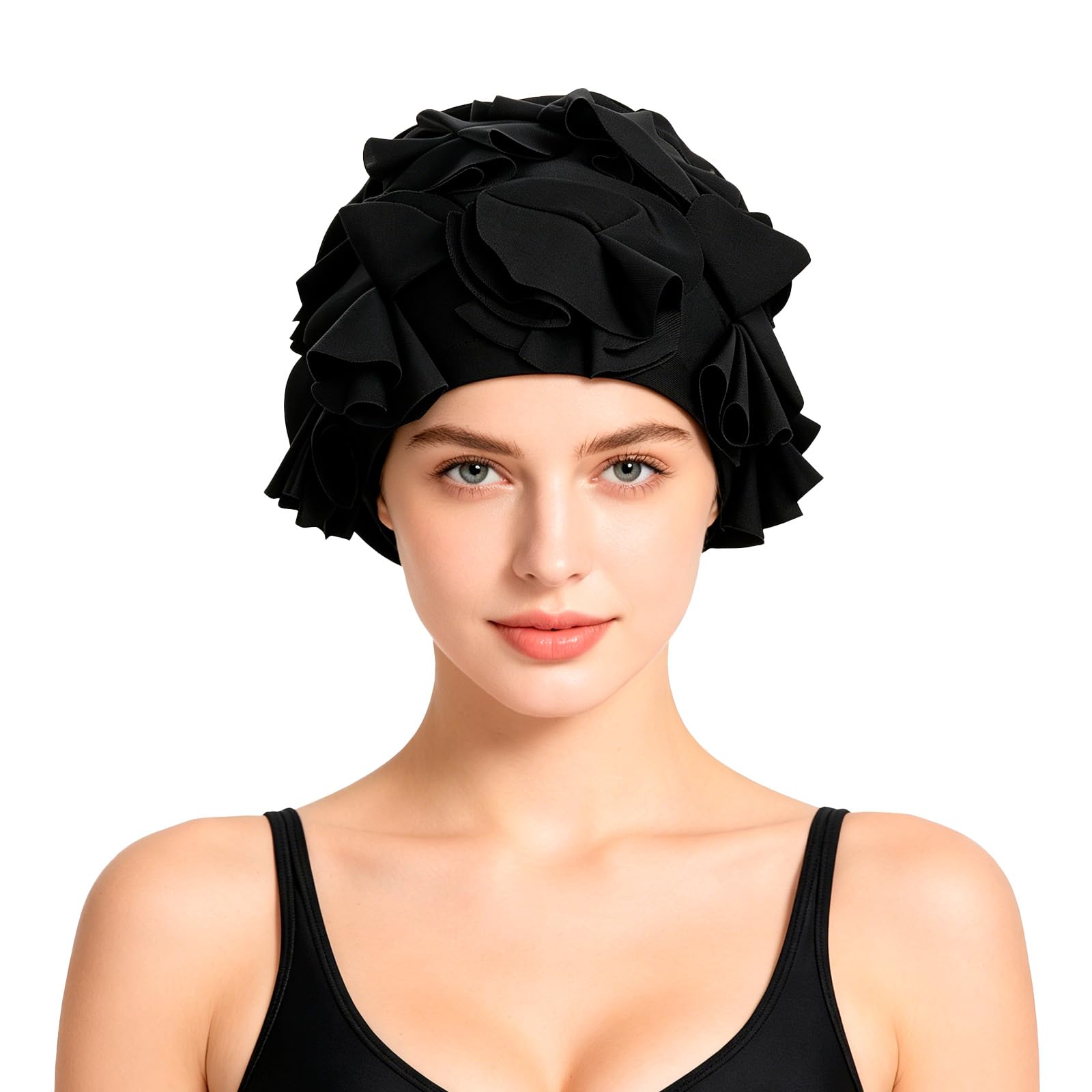 Vintage Floral Swim Cap for Women, Retro 3D Flowers Decorative Swimming Cap Long Short Hair Protection Bathing Caps Elastic Breathable Fabric Shower Turban Hat Stylish Beach Pool Shower Spa Headwear