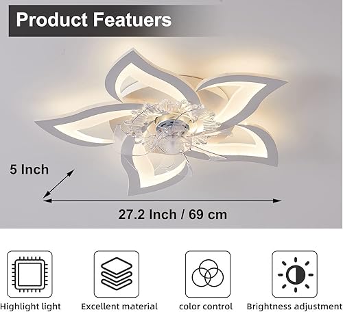 Miniatura 4 de Becailyer Ventilador de techo moderno con luces, LED de 27 pulgadas y 50 W, regulable, creativo, forma de flor, montaje empotrado, lámpara de
