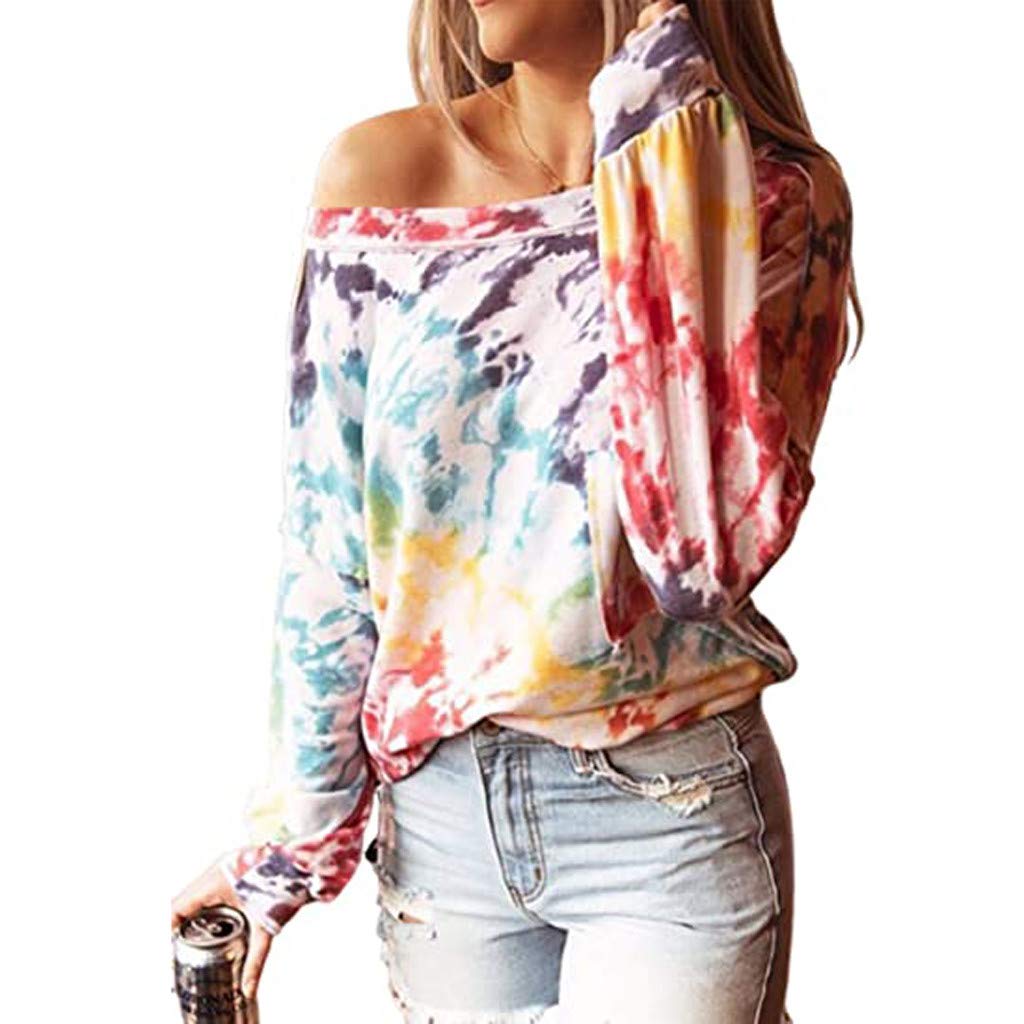 Xinantime Womens Sweatershirts Cold Shoulder Pullover Top Blouse Long Sleeve Loose Tie-Dyed Floral Print Elegant T-Shirt