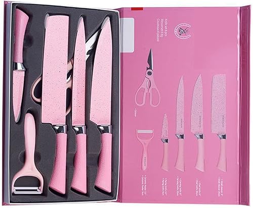 Miniatura 9 de Juego de cuchillos de cocina de 6 piezas con mango ergonómico de acero inoxidable para cocina para cortar rosa