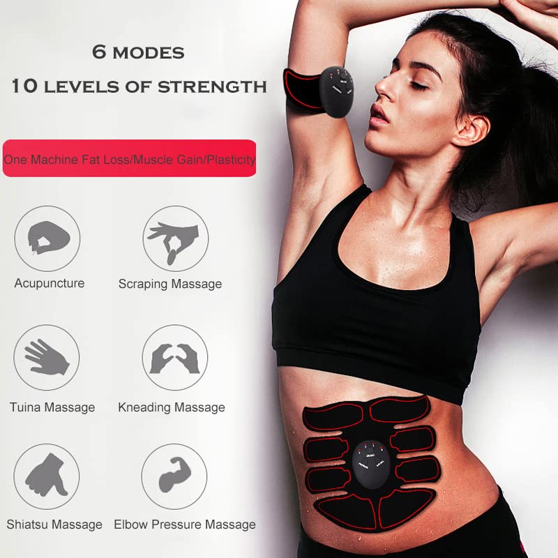EMS Muscle Stimulator, EMS Trainingsgerät, EMS Bauchmuskeltrainer, USB-Wiederaufladbarer Tragbarer Muskelstimulator, Bauchtrainer Elektrisch für Bauch, Arm, Bein-Fitness Trainings Gang (Rot)