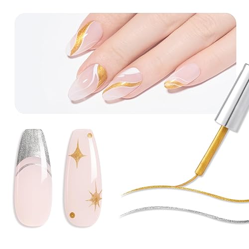 GAOY Juego de delineadores de esmalte de uñas de gel, 2 colores plateado y dorado con purpurina para diseño de pintura de uñas, manicura francesa y GAOY Juego de delineadores de esmalte de uñas de gel, 2 colores plateado y dorado con purpurina para diseño de pintura de uñas, manicura francesa y